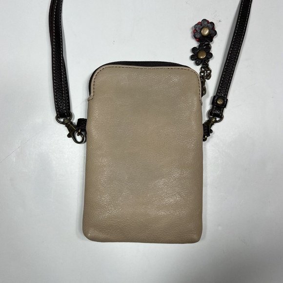 Chala Handbags Cell Phone Crossbody Purse Butterfly And Flowers, Leather Tan - Picture 5 of 6